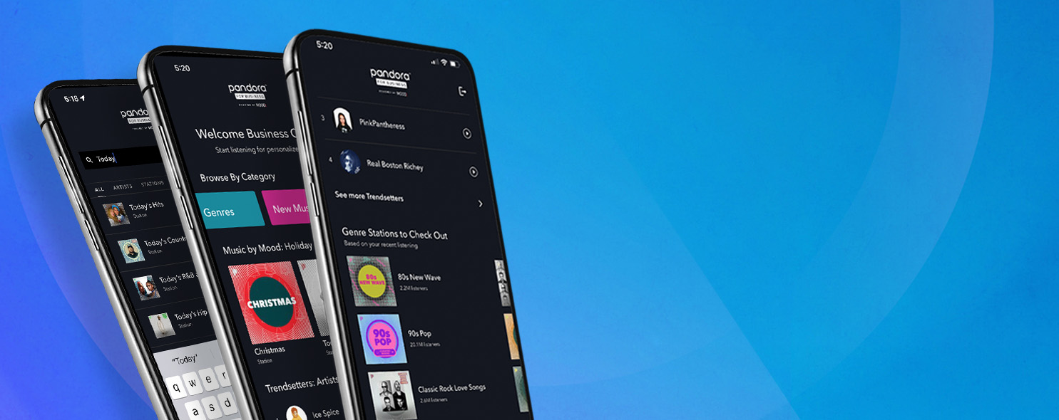 The all new Pandora For Business app by Mood Media. No contracts. No ads. All the Pandora music and features you love.